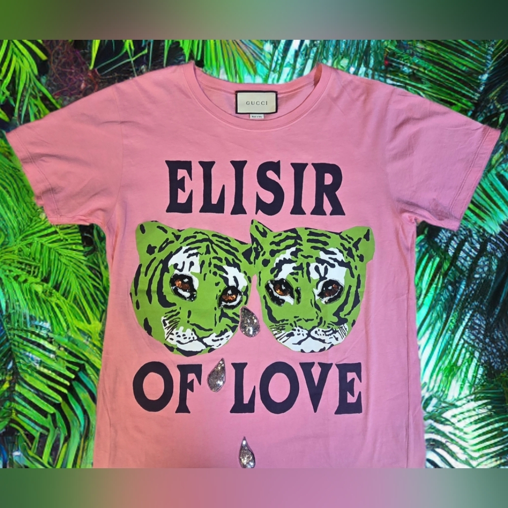 Gucci (RARE PINK) Elisir Of Love Tiger T-Shirt W Sequins  Size Small NWOT